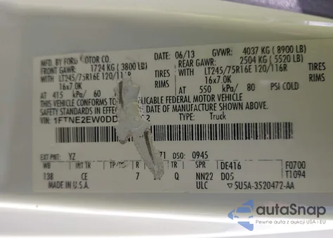 2013 Ford E-250 Commercial из США, поврежденный, VIN 1FTNE2EW0DDA97022